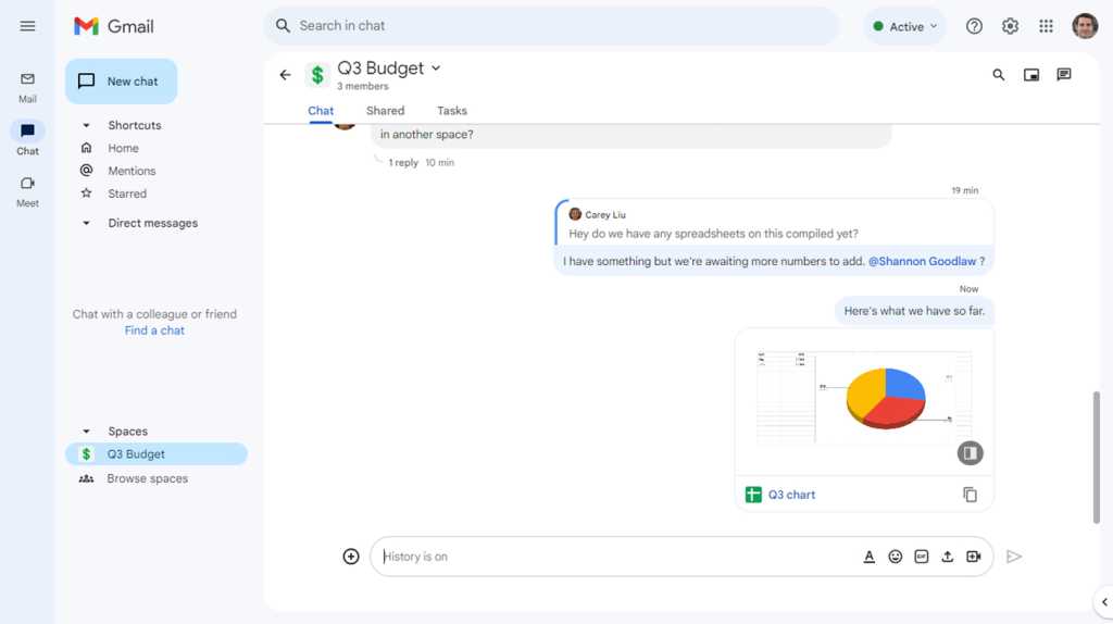 google spaces window with chat and shared file